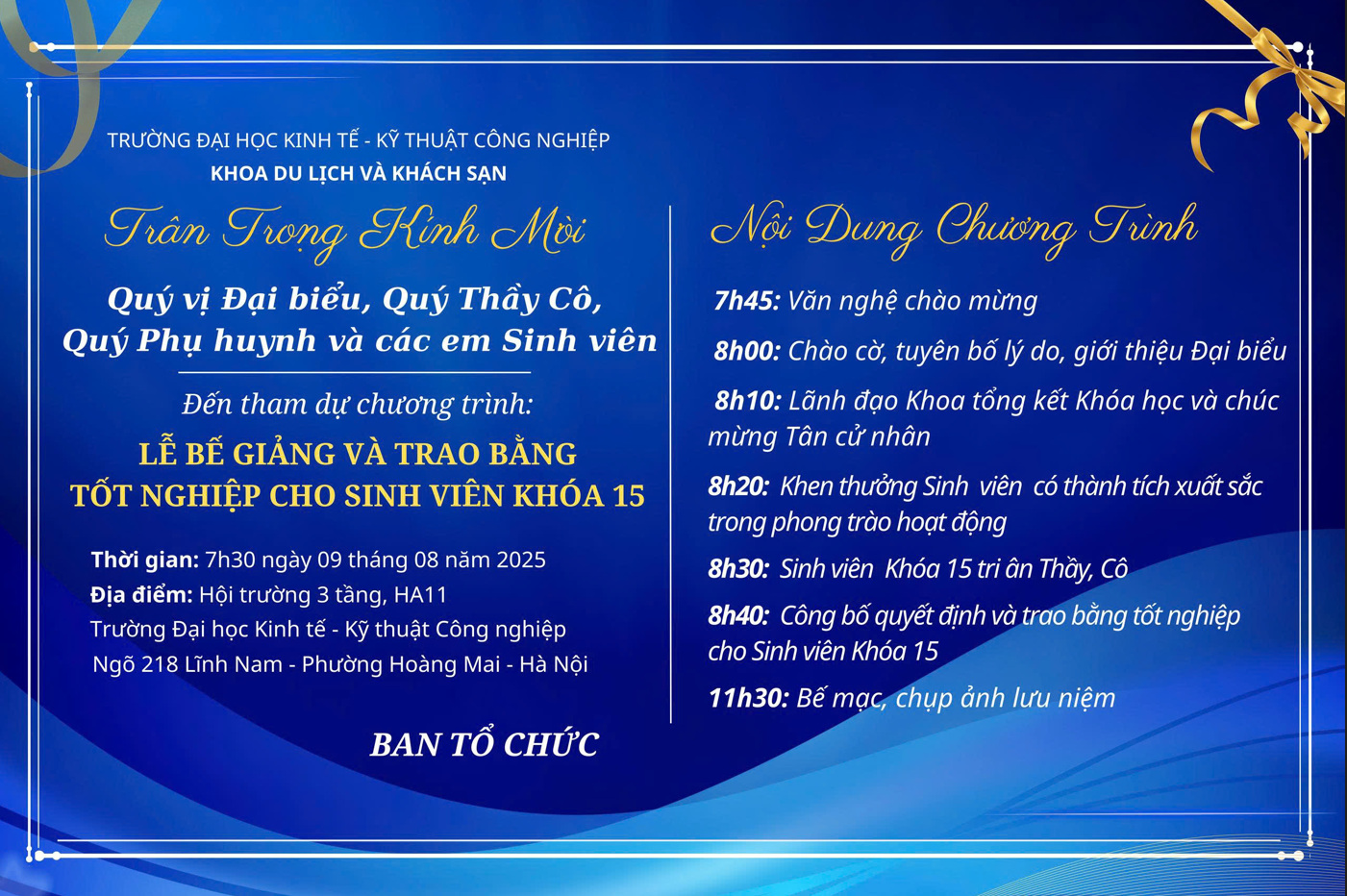 THƯ MỜI THAM DỰ LỄ BẾ GIẢNG K15 - KHOA DU LỊCH VÀ KHÁCH SẠN, UNETI